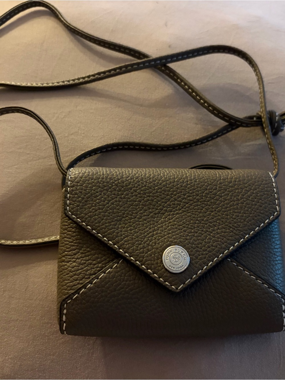 Tory Burch Taupe Pebbled Leather Envelope Crossbody